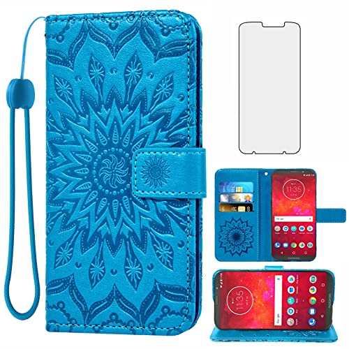 Phone Case for Motorola Moto Z3 / Z3 Play Wallet Cases with Tempered Glass Screen Protector Leather Magnetic Flip Cover Card Holder Stand Cell Accessories MotoZ3 Z 3case 3 3Z Z3play Women Men Blue