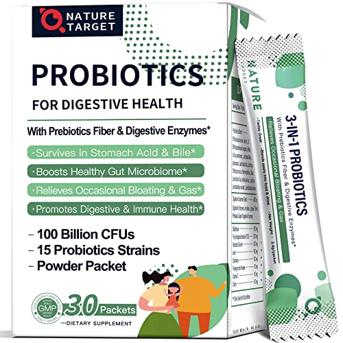 Nature Target Probiotics For Digestive Health 100 Billion Cfus For Women Men With Multi Enzymes & Prebiotics Fiber & Vitamin C For Gut Health, Weight Loss, Immune Support 30 Servings #TOP17