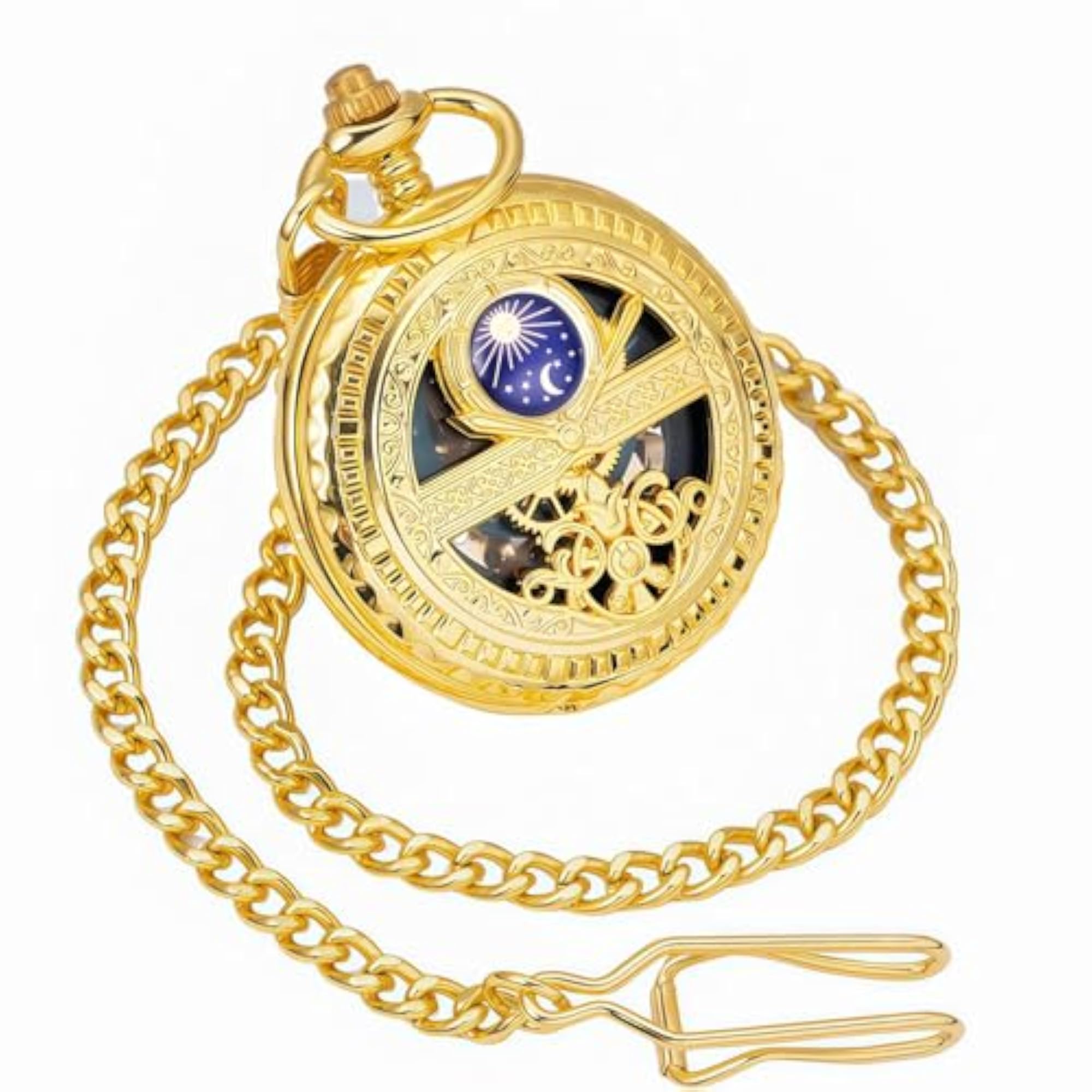 Men's Black Gold Skeleton Pocket Watch with Chain, Punk Style