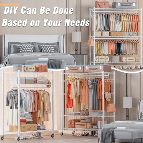 Image of Homdox 3 Tier Garment Rack with Wheels, Portable Closets for Hanging Clothes Heavy Duty, Closet Racks and Shelving with Double Hanger Rods & Side Hooks, White