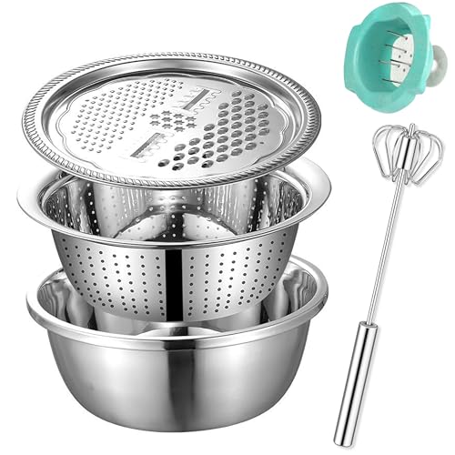 4.2Qt Multi Stainless Steel Basin Grater, 5in1 Mixing Bowl Rice Washer Graters Basin Colander Strainer Set, Vegetable Cutter Slicer Salad Maker Bowl, Safety Holder+Semi-Automatic Egg Whisk