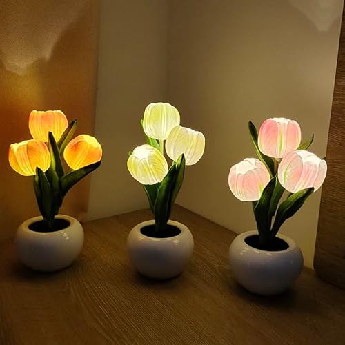 Padom Desk Lamp Led Tulip Lamp Artificial Flower Small Night Light Fake Bouquet 3 Heads With Ceramic Vase For Bedroom Bedside Lamp Ambient Light Decor (Orange) #TOP7