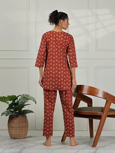 Image of 9shines Label Pure Cotton Printed Women Top & Pyjama Set | Pyjama co-ord Set | Night Suit | Lounge wear for Home | Nightwear Set for Women | Night Dress for Women Stylish (COPJ-5)