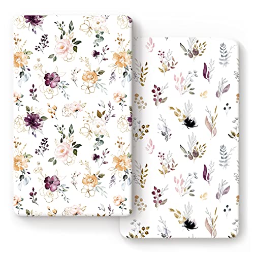 Image of GRSSDER Stretchy Ultra Soft Jersey Knit Fitted Crib Sheets Set 2 Pack，Fits All Standard Crib Mattress Pads Safe and Snug, Pretty Purple Flora Botanical for Baby Girls