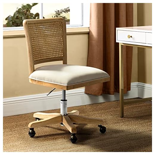 Modern Home Office Chair Comfortable Upholstered Boho Armless Desk Chair, Adjustable Swivel Rolling Computer Chair with Rattan Mid-Back Support, Beige