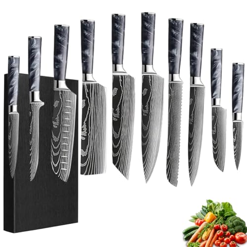 FIVE COWS Messerblock Set, mit 10-teilige, Harzgriff, Kitchen knife Set mit Kochemesser, Brotmesser, Santokumesser, Schälmesser, Damast-Muster, Profi...