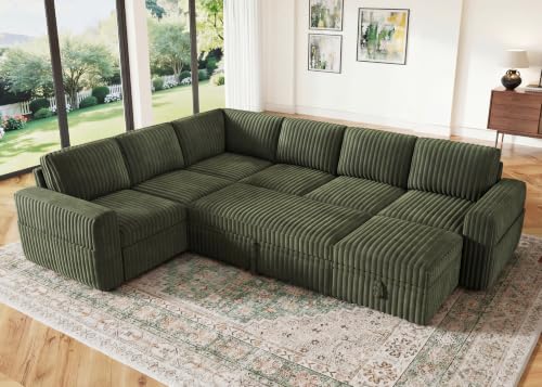 HONBAY Modular Sectional Sleeper Sofa with Pull Out Bed,Corduroy U Shaped Couch with Storage, Sectional Couches for Living Room,Green