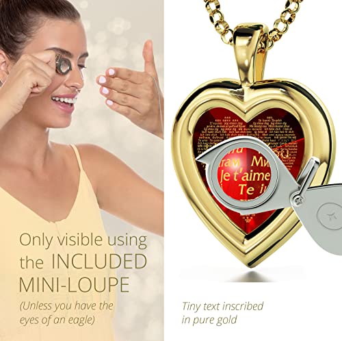 Nanostyle Gold Plated Silver Romantic Red Heart Jewelry Set For Her I Love You Necklace Pure Gold Inscribed In 120 Languages Heart-Shaped Anniversary Cubic Zirconia And Crystal Earrings #TOP4