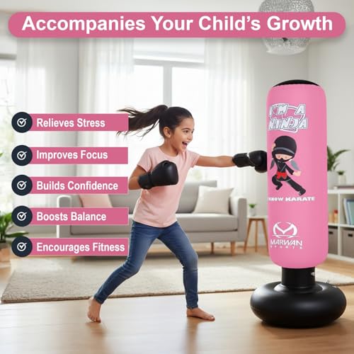 Image of Marwan Sports Ninja Kids Punching Bag - Inflatable Sensory Toy & Birthday Gift for Boys & Girls Ages 4-12, 63 inch Freestanding 5-in-1 Kit, Indoor Apartment-Quiet Sensory-Friendly Active Play