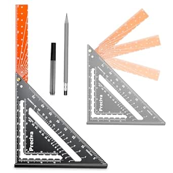Preciva Foldable Carpenter Square Ruler, 7&#34; (1/16&#34; Scale) Aluminum Alloy Rafter Square Multi-Purpose Carpenter Tool Measuring Layout Tool for Woodworking and Carpentry, Includes Pencils