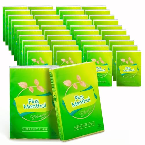 PLUS MENTHOL Loción con mentol, pañuelos faciales suaves y de viaje, 4 capas de grosor, 40 paquetes x 10 hojas (400 unidades en total)