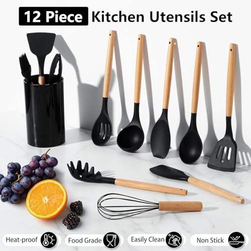 Image of 12 Pcs Silicone Cooking Utensils Set with Holder - Heat Resistant Spatula Turner Set, Wooden Spoons, Kitchen Gadgets Tools for Nonstick Cookware (12, Black)