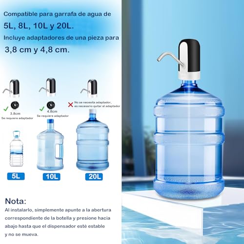 Miniatura 2 de Dispensador De Agua Eléctrico, Bomba Automático Para Garrafas, Dispensador De Agua Recargable Por Usb Con Batería 1200 Mah, Compatible Botellas 5l, 8l, 10l Y 20l Con Adaptador Integrado 38mm Y 48mm