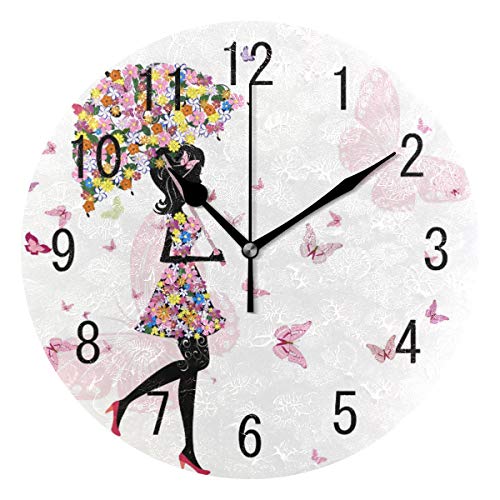 Use7 Home Decor Niedliches Mädchen mit Regenschirm Blume Schmetterling Runde Acryl Wanduhr nicht tickend leise Uhr Kunst für Wohnzimmer Küche Schlafzimmer Cover