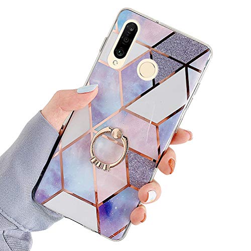 Robinsoni Case Compatible with Huawei Nova 4e Cover Silicone TPU Case Mirror Reflection Marble Case with Ring Colorful Kickstand Cover Ultra Thin Silicone Bumper Case Marble Ring Case Red