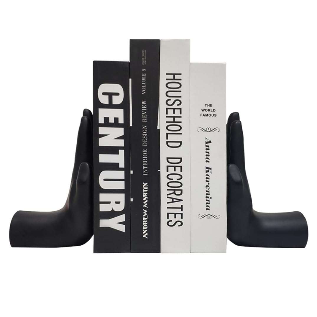 Hand Bookends, Universal Economy Decorative Bookends, Heavy Book Ends Supports for Books, 8.5x6.8x3.5 inch, Black,1Pair/2Piece (Hand Bookends)