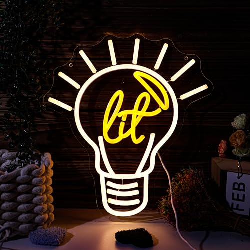 Image of It's Lit! Edison Bulb Neon Sign Lit it up Yellow Funny LED Light Lamp Super exciting Gift for Young Trendy People Guys Cool Vibe Lighting for Party, Basement, Bar, College Dorm, Pub Decor