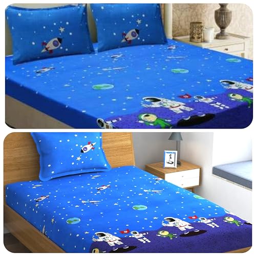 Image of Elastic Fitted Bedsheet with 2 Pillow Covers | 200TC Cotton Printed Bedsheet for Kids | Combo Bedsheet with One Double Bed Bedsheet and One Single Bed Bedsheet, Pack of 2 (Blue)