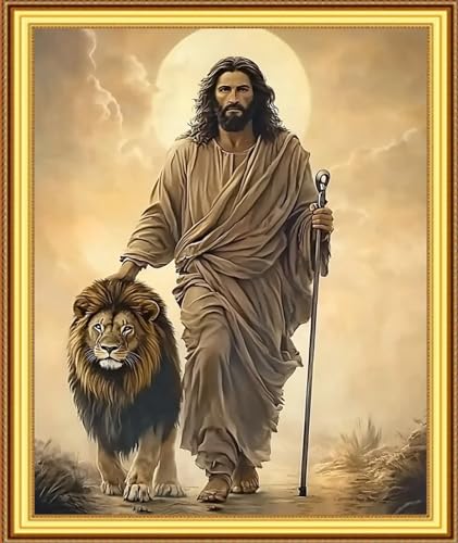 Image of Foxnyart Stamped Cross Stitch Kits Full Range of Embroidery Needlework Starter Kits for Beginners Adults 11CT Embroidery Patterns Art Crafts DIY Needlepoint Kit-Jesus the Lion 16x20 inchs