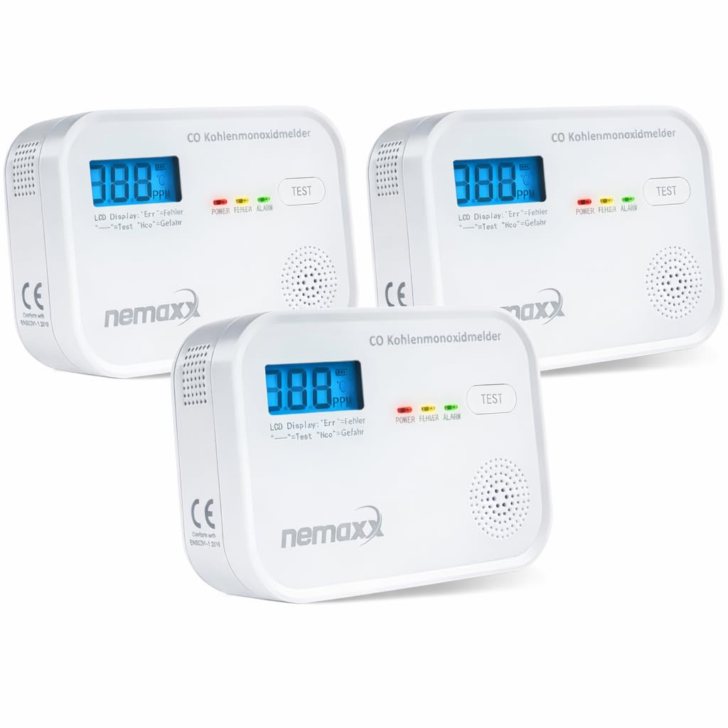 NEMAXX® CM18 Czujnik Tlenku Węgla/Alarm CO z Wyświetlaczem LCD – 85 dB, Sensor Elektrochemiczny, EN 50291-1:2018, Przycisk Testowy, 3× Baterie AA LR6, Żywotność Produktu 10 Lat – Zestaw 3 szt.
