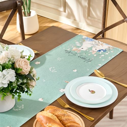 Ostern Hasen Tischläufer, Tischläufer Grün 40x140 cm Salbeigrün Tischband Frühling Modern Tischdecke Küche Wohnzimmer Waschbar Esstisch Deko für Osterparty Geburtstagsparty Dekoration