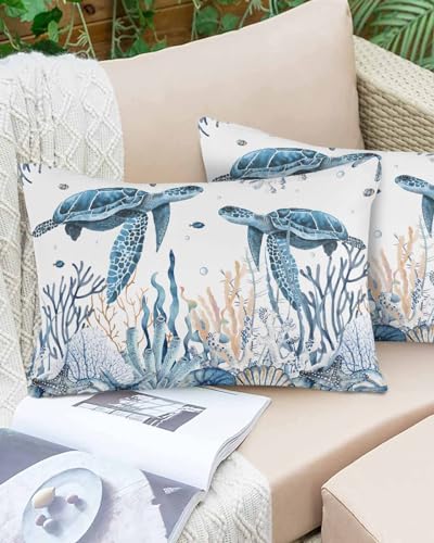 Boanket Lumbar Pillow Covers 12 x 20 in, Blue Sea Turtle Waterproof Throw Pillow Cover Set of 2, Beach Coral Nautical Coastal Shell Home Decorative Rectangle Cushion Covers for Patio/Couch/Garden