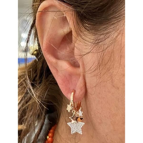 Malia - orecchini a cerchio in argento 925 ros con ciondoli a forma di stelle - bianchi