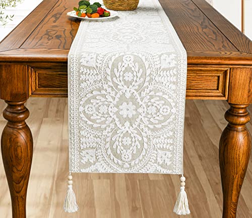 Keva Boho Table Runner 72Inches Long With Hand-Made Wooden Beads Tassel, Farmhouse Rustic Vintage Embroidered White Table Runners 13X72 Inch For Dining Table Decorations #TOP1