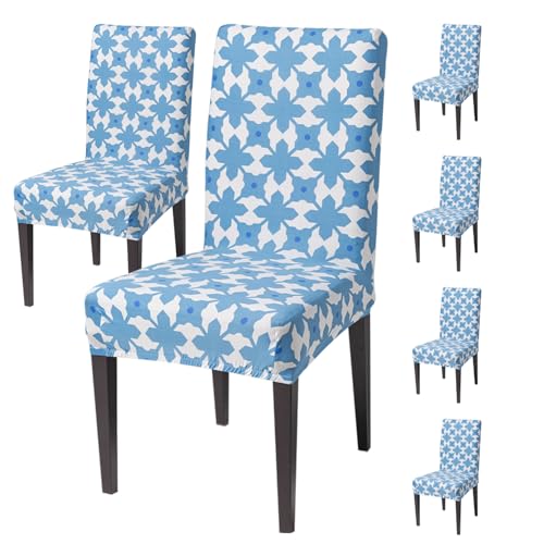 Image of House of Quirk Elastic Chair Cover Stretch Removable Washable Short Dining Chair Cover Protector Seat Slipcover (Pack of 6, Indigo Motif)