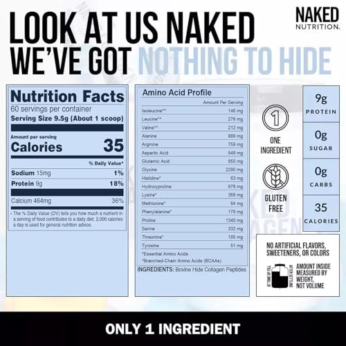Image of NAKED Collagen Peptides Protein Powder, 60 Servings, Pasture-Raised, Unflavored Grass-Fed Hydrolyzed Collagen Supplement, NSF Certified, Paleo Friendly, Non-GMO, Keto, Gluten Free, 20oz