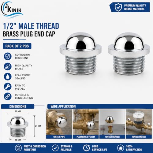 Image of Kinik 1 /2 Inch Brass Plug Male Chrome Plated Pipe Fitting End Cap Connector Leak Proof Durable Corrosion Resistant Plumbing Plug for Bathroom Kitchen Water Line Pack of 2 Heavy Duty Premium Quality