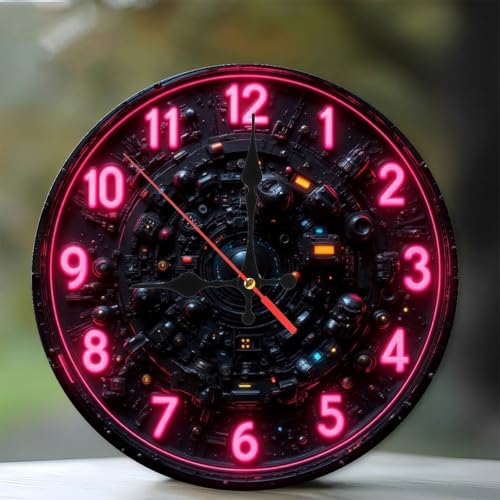 Cyberpunk Neon Clock Wall Decor Pink Lighting Wall Clock Battery Operated 10 Inch,Frameless Wooden Wall Clocks with Silent Quartz Movement,Clocks Decorative for Bathroom Kitchen Living Room Bedroom