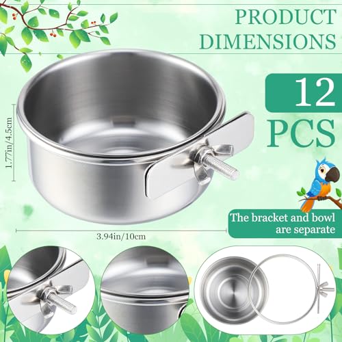 Ziliny 12 Pcs 10 oz Stainless Steel Bird Feeding Dish Cups Bird Feeder with Clamp Parrot Food Cups for Cage Pet Water Cage Bowls for Budgies Parakeet Cockatiel Small Animal - Thumbnail 2