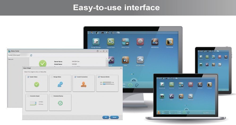 Screenshot of Zyxel NAS web interface showing system status and control panel