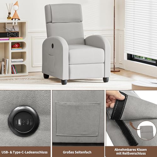 FiveWillowise Fernsehsessel Ruhesessel Relaxsessel mit Verstellbarer Beinablage und Verstellbarer Rückenlehne bis 140°, Einzelsofa, Liegesessel, TV Sessel mit Liegefunktion, Hellgrau – Bild 6
