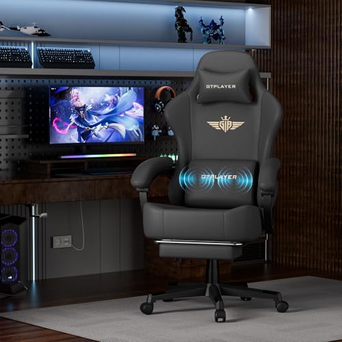 Image of GTPLAYER Gaming Chair with Pocket Spring Cushion, Big and Tall Gamings Chairs 350LBS High Back Computer Chair with Footrest for Adults Lumbar Support Swivel Game Chair for Office,Leather Black-Massage