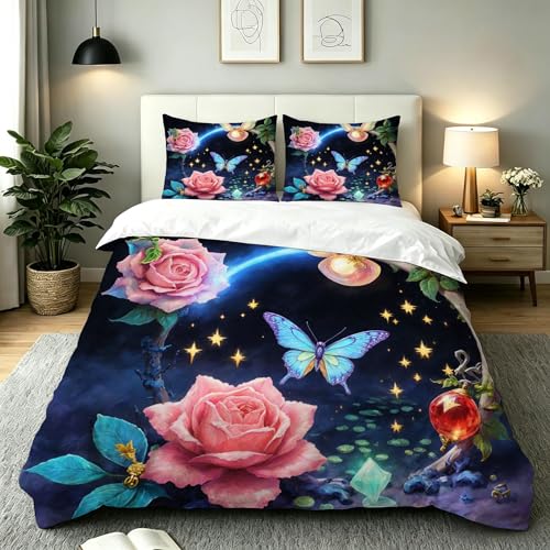 Gumntun Funda Nórdica 150x200 cm Mariposa Flores, Microfibra Conjuntos de Cama con Cierre de Cremallera, 3 Piezas 1 Funda Nórdica 150x200 cm + 2 Funda de Almohada 50x75 cm_B19611