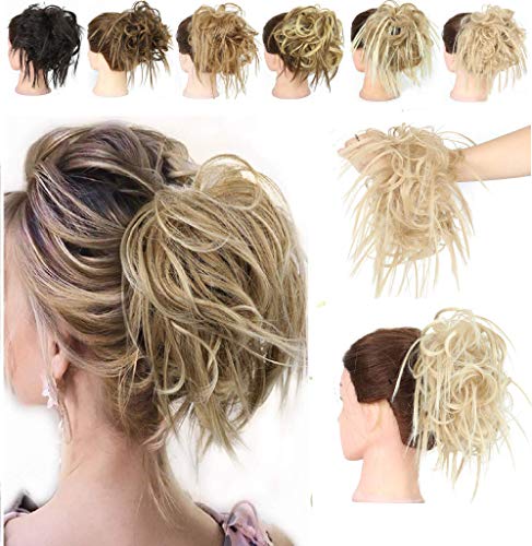 Tousled Synthetic Hair Wrap, Hair pieces Extension Bun Scrunchies messy Bun Updo Elasticated Ponytail Hair Scrunchies for Women Girls-Light Ash Brown & Bleach Blonde