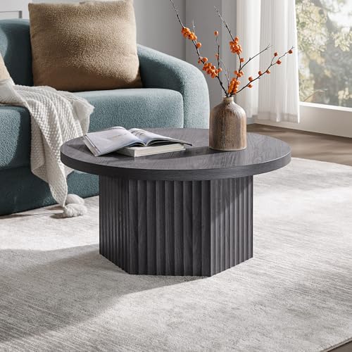 Image of SICOTAS Round Coffee Table for Living Room, Mid Century Modern Fluted Center Coffee Table with Storage, 32 inch Circle Accent Tea Dining Table for Apartment, Dark Grey Alder