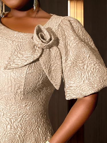 Image of AOMEI Women's Irregular Neck with Flower Short Puff Sleeve High Waist A-Line Jacquard Dress