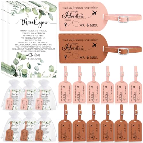 Dandat 50 Sets Wedding Favor Gifts for Guests Bulk PU Leather Honeymoon Travel Luggage Tags with Name Tel Address Cards and Organza Bags for Bridal Shower Wedding Return Gift Favors, Pink Brown