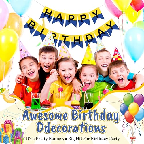 Image of VitalCozy Yellow Cartoon Birthday Banner Cute Anime Theme Birthday Decorations Paper Banner for Party Hanging Bunting Decor