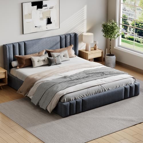 Image of Harper & Bright Designs Queen Size Upholstered Platform Bed with Wingback Headboard and Wooden Slats Support for Bedroom, Gray
