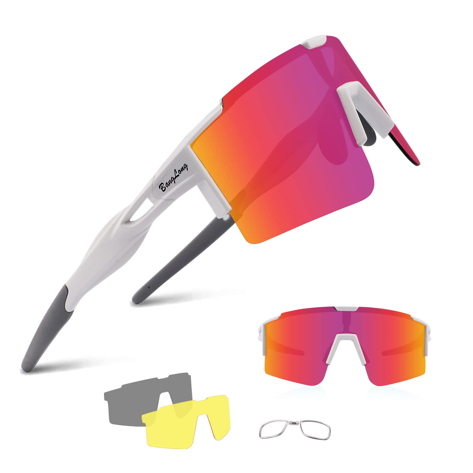 BangLong Polarisierte Sonnenbrille, Fahrradbrille Herren Damen UV 400 Schutz mit 3 Wechselgläser, Schutzbrille Sportbrille für Outdoorsport Radfahren Laufen Golf