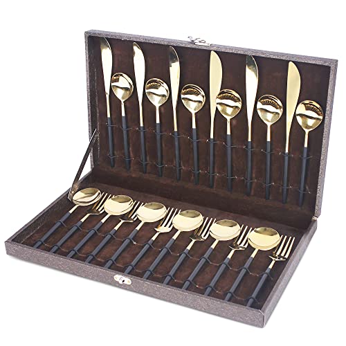 MOPERYOK Brand Alpine 24 Pcs Cutlery Set. Dual Finish – Black and Gold Plated Cutlery Set with Beautiful Leatherette Box Packaging