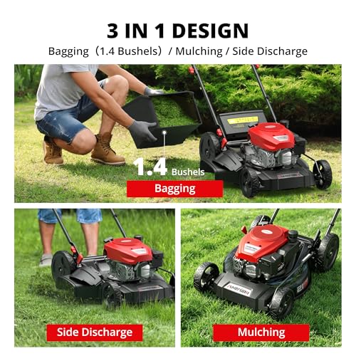 AMERISUN 21-Inch Self-Propelled Gas Lawn Mower for Large Yard, 170cc 4-Stroke Engine, 6-Position Adjustable Cutting Height, 3-in-1 Mulching, Side Discharge & Rear Bag for Garden Landscaping