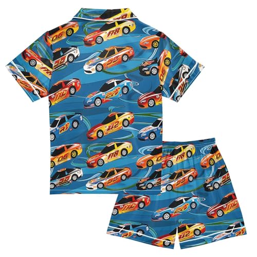 ALAZA Racing Car Blue Satin Pajamas Set Short Sleeve Button Down Sleepwear Summer Pjs 2 Piece2