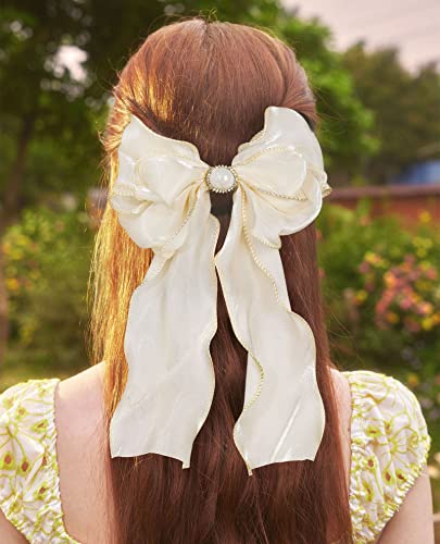 Silky Satin Big Bow Hair Barrette For Women Girls Ribbon Big Hair Bow Clips Bowknot Hair Clips With Long Tail Hair Barrettes With Bow (Champagne/Blue/Black(3Pcs,Silky)) #TOP4