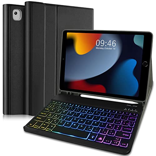 Etui Clavier pour iPad 10.2 Pouces 2021/2020/2019(9e/8e/7e Génération) AZERTY Français Rétroéclairé Clavier Détachable Clavier avec Smart Folio Couverture pour iPad Pro 10.5 2017, iPad Air 3 Noir