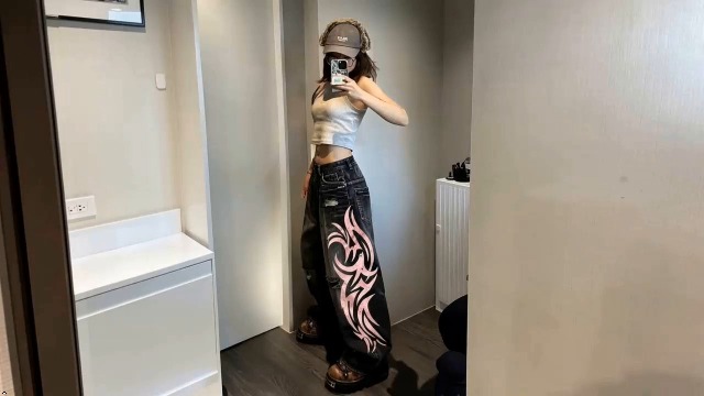 Xojbzoo Unisex Y2K Streetwear Baggy Jeans Retro Totem Print Goth